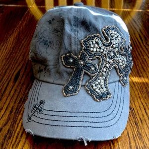 Vintage, Olive & Pique distressed beaded cross ball cap.